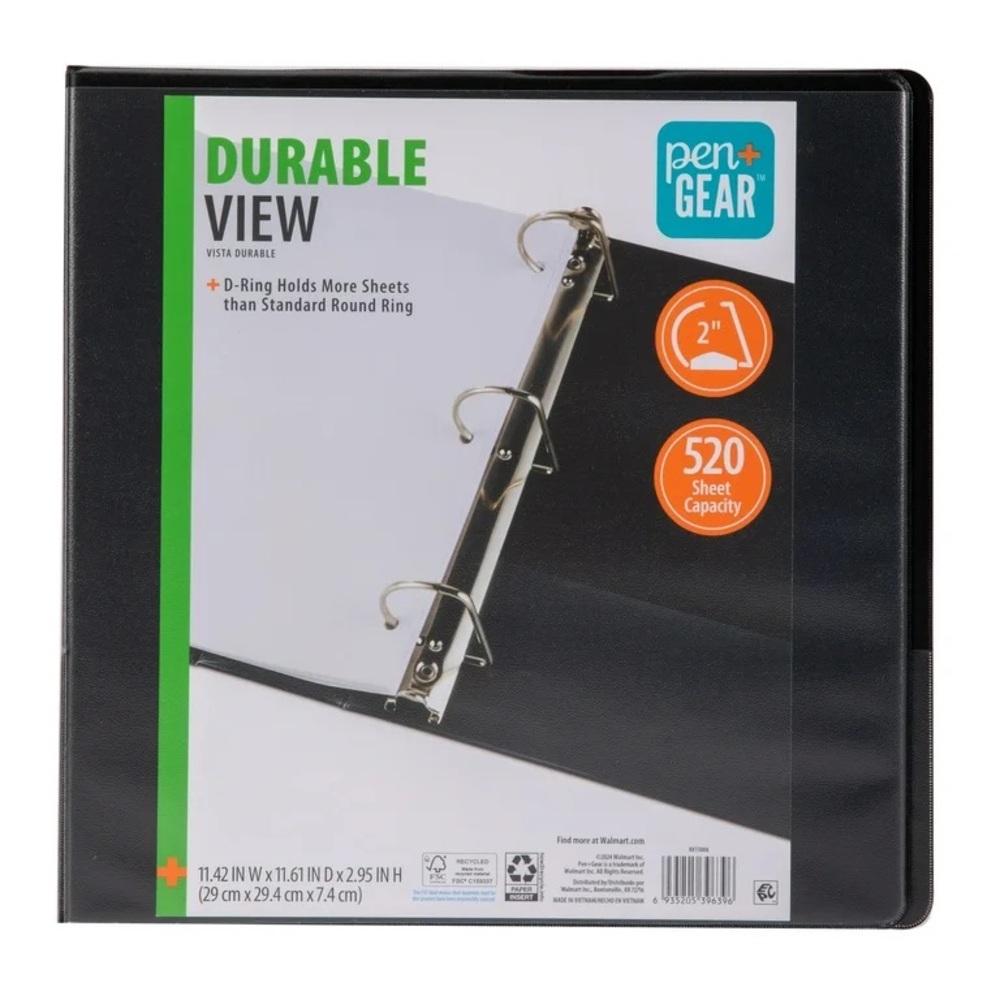 Pen+Gear 3-Ring Durable View 2” D-Rings Black Binder NWT